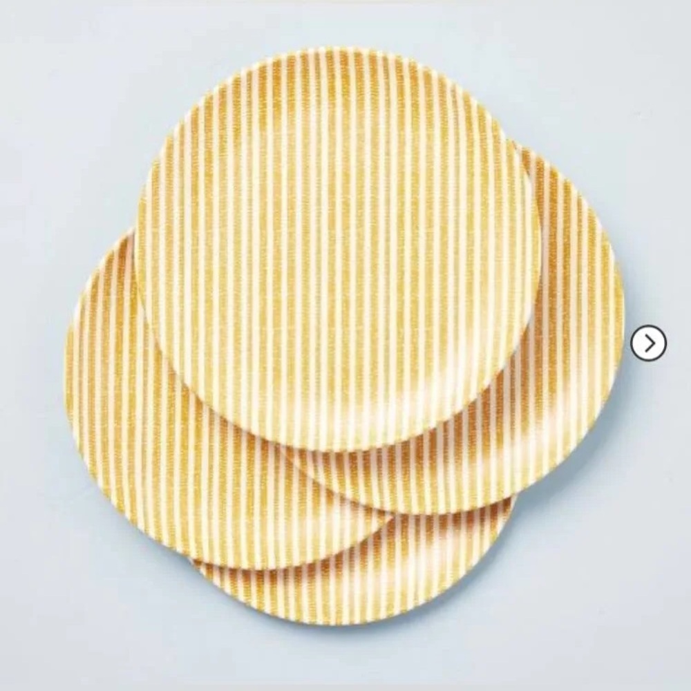 Four (4) Hearth & Hand ~ Melamine ~ GOLD RUSTIC STRIPE ~ 10.75" Dinner Plates